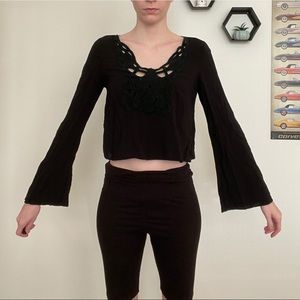 Crochet detail black flowy top